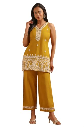 Soch Womens Mustard Cotton Embroidered Botanical Sequence Work Kurta Set