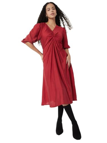 Max Women Solid Twisted A-line Midi Dress(Red_L)