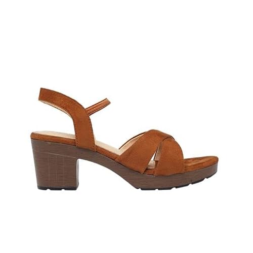 MONROW Maria Suede Leather Block Heels for Women, Brown, UK-6 | Fancy & Stylish Heel sandals, Casual, Comfortable Fashion Heel Sandal