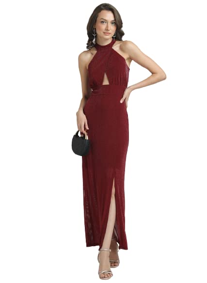 Kazo Women's Polyester Bodycon Maxi Casual Dress (124177MAROONM_Red