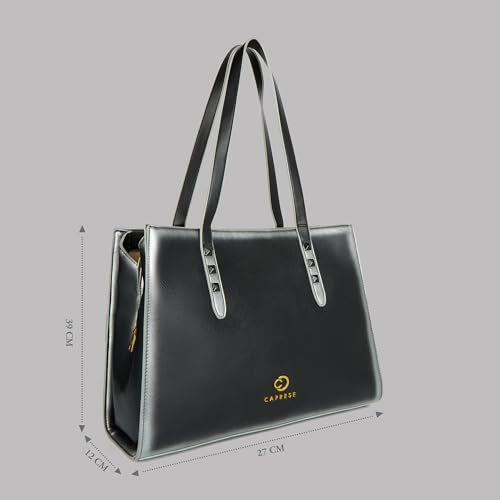 Caprese Dee Large Laptop Compatible Tote Bag for Women with Multi Compartments | Stylish Shoulder Bag with Premium Metal Letter Logo | Perfect for Daily Use Work, Office & Professionals (Black)