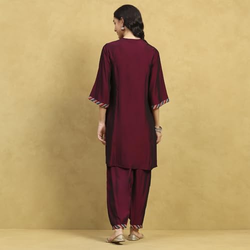 Rangriti Women Wine Polyester Blend Embroidered A-Line Kurta Set_32