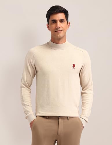 U.S. POLO ASSN. Mens Beige Heathered Mock NeckLong SleeveCasual Cotton Regular Fit Sweater (USSWE2247_Beige_3XL)