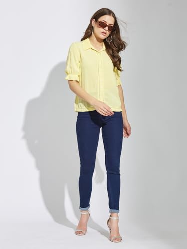 Latin Quarters Women's Yellow Half Sleeves Collar Neck Casual Solid Shirt_XL