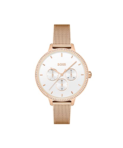 BOSS Prime Qtz Multifunction White Round Dial Women's Watch|Ionic Plated Carnation Gold Steel Material|Carnation Gold Color Band - 1502663