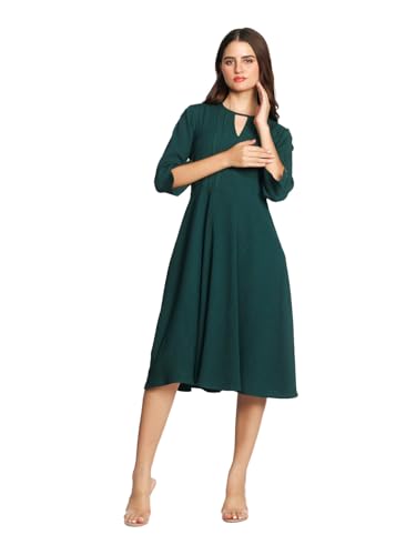 Zink London Women's Dark Green Solid A-Line Midi Dress