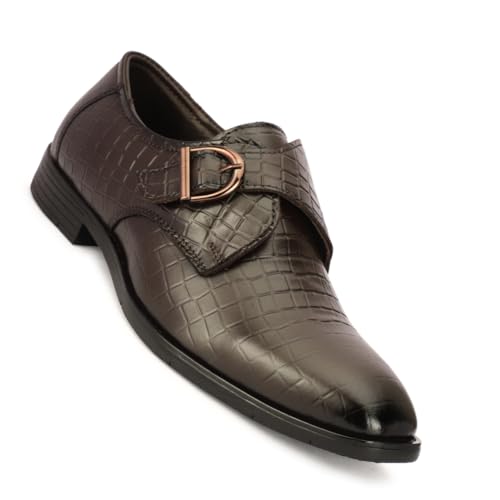 Leatherful Single Monk Strap Shoe, Genuine Leather, Black, TPR Sole, Nappa Leather Lining, (Croco Brown, UK Footwear Size System, Adult, Men, Numeric, Medium, 9)