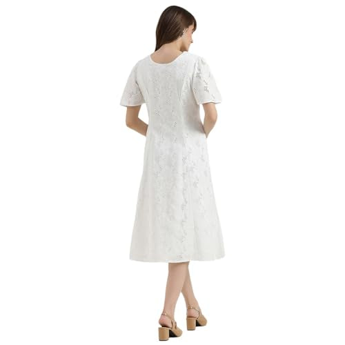 United Colors of Benetton Regular Fit V-Neck Schiffli Embroidered Dress (Size : S) - 26P4WVNDRS83I101 White