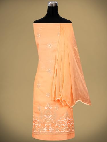 Ada Hand Embroidered Lucknowi Chikankari Unstitched Cotton Dress Material Suit Piece with Dupatta for Women 01A886787 Peach