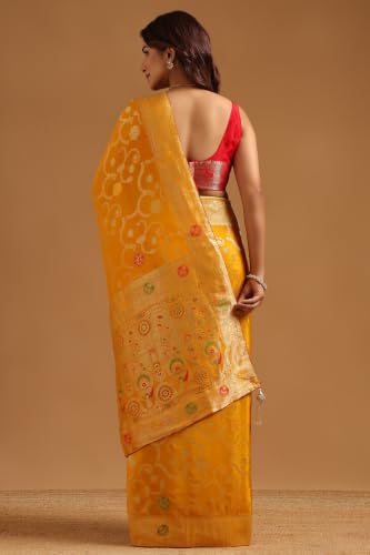 Soch Womens Yellow Crepe Botanical Zari Woven Saree