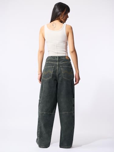 The Souled Store Mirage: Women and Girls Adjustable Waistband with Flex-Fit Tabs Charcoal Grey Washed Cotton Denim Barrel Fit Lightweight Breathable All-Season Everyday Denim Jeans