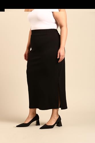 The Pink Moon Women's Maxi Plus Size Straight Black Side Slit Skirt - (SKT_Long_BLK_Black_4XL)