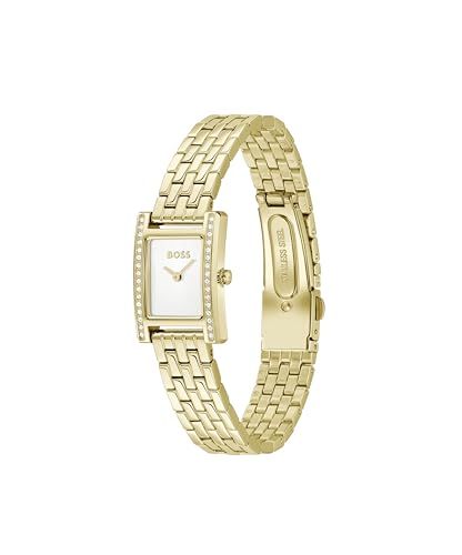 BOSS Women's Lucy Precious Watch, Black Leather Strap 3B Modern, Stylish Timepiece - Gift for Her 18.5mm, Gold Plated, bracelet
