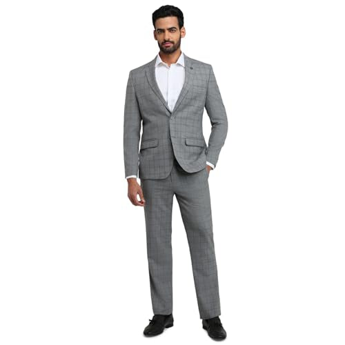 Park Avenue Men Slim Fit Solid Pattern Poly Viscose Wool Lycra Blend Notch Lapel Full Sleeve Formal Suit Grey