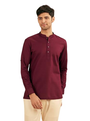 Manyavar Men's Cotton Solid Casual Short Kurta (Wine,XXL)