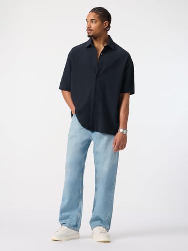 The Souled Store Textured Shirt: Blue Iris Men and Boys Short Sleeve Spread Collar Navy Blue Solid Cotton Blend Lightweight Drop Shoulder Streetwear Trendy Oversized Shirt