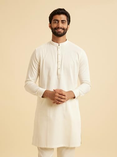 Manyavar Men's Cotton Solid Kurta Set (Cream,S)