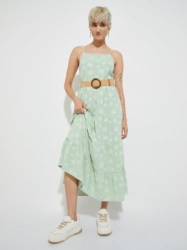 Max Alaya F x URB_N Women Textured Tiered Maxi Dress with Belt(Green_L)