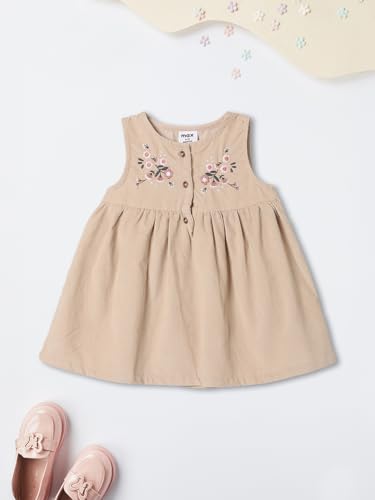 Max Girls Embroidered Pinafore Dress with T-Shirt (Beige_6-12 M)