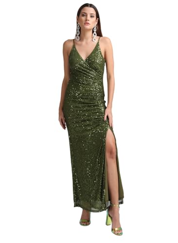 Kazo Solid Satin Round Neck Womens Maxi Dress (Olive, Small)