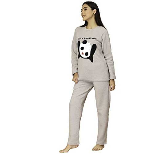 Sweet Dreams Women Grey Polar Fleece Applique Winterwear Night Suit