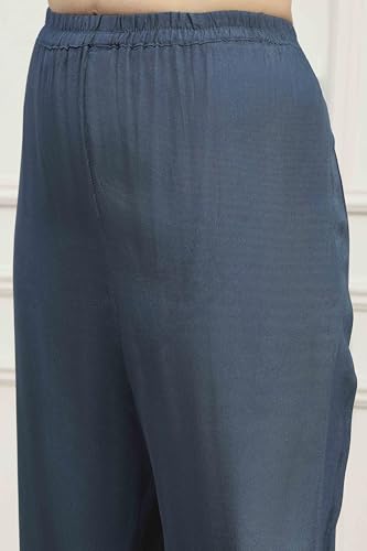 Biba Women Navy Blue Silk Tussar Hand Embroidered Unstitched Suit Set_FREE SIZE