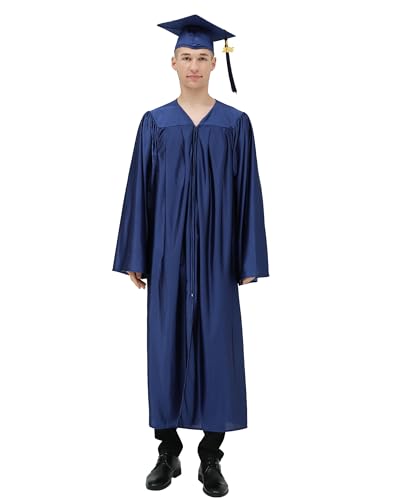 GraduationMall Shiny Graduation Gown Cap Tassel Set 2020 for High School Navy Blue 48(5'3"-5'5")