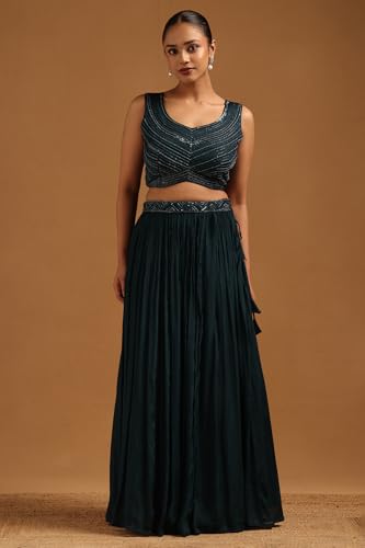 Soch Womens Teal Chinon Embellished Lehenga Choli With Sequins