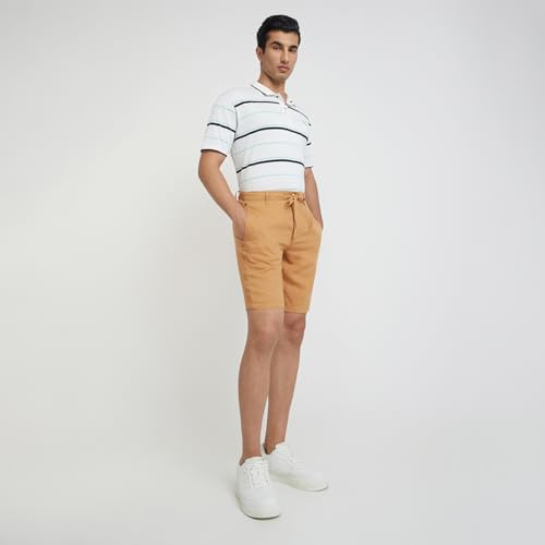 Raymond Men's Solid Pattern Slim Fit Pure Linen Flat Front Casual Shorts (Size: 40)-RCHE00139-Y6 Dark Yellow
