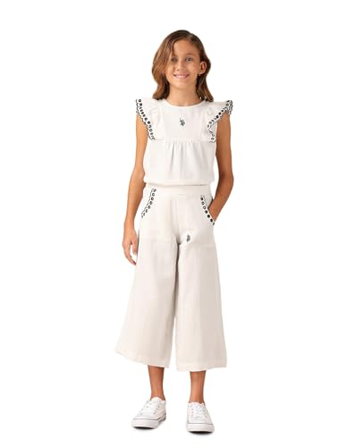 U.S. POLO ASSN. Girls Wide Leg Embroidered Trousers (UGTRO0022_Ecru_8-9Y)