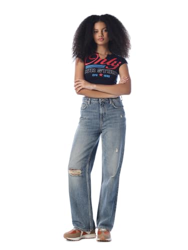 ONLY Women's Typographic Slim Fit Navy Blue T-Shirt