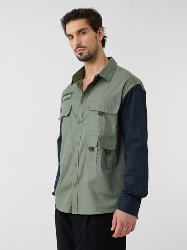 The Souled Store Naruto Shippuden: Kakashi Uniform Men and Boys Long Sleeves Collared Neck Button Front Green Embellished Regular Fit Cotton Utility Shirts