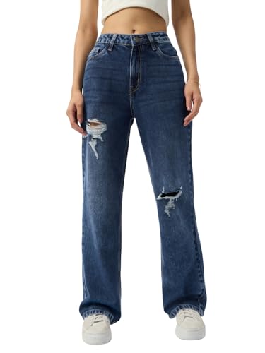 The Souled Store Distressed Denim: Mid-Blue Women and Girls Buttoned Waistband Distressed Faded Cotton Denim Straight Fit Breathable Lightweight Everyday All-Season Denim Jeans