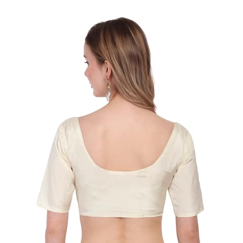 JISB Silk Cotton Saree Blouse, Elbow Length Sleeves, Round Neck, Front Hook and Eye (Cream, M)