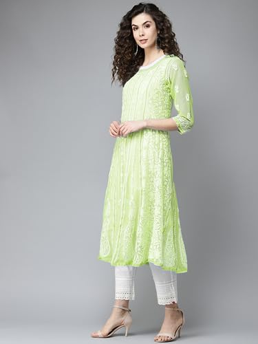Ada Handmade Lucknow Chikankari Georgette Anarkali Kurti Kurta for Women & Girls A411142 (5XL, Green)