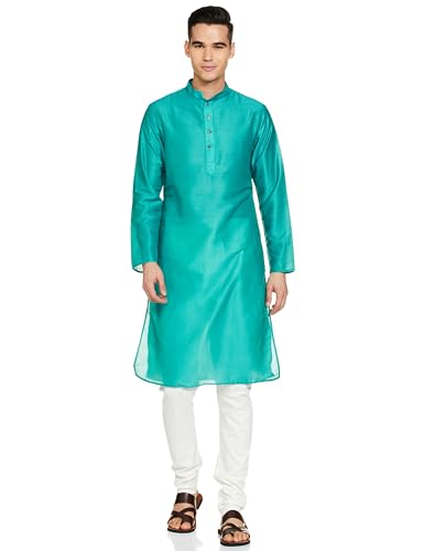 Manyavar Green Blended Cotton Solid Casual Kurta Set for Men