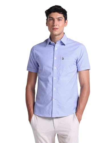 U.S. POLO ASSN. Mens Half Sleeve Oxford Stretch Shirts (USSHTC0011H_Blue_M)
