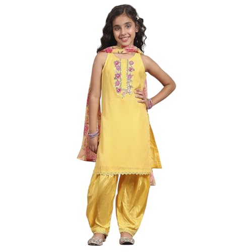BIBA Girl's Yellow Polyester Straight Solid Suit Set