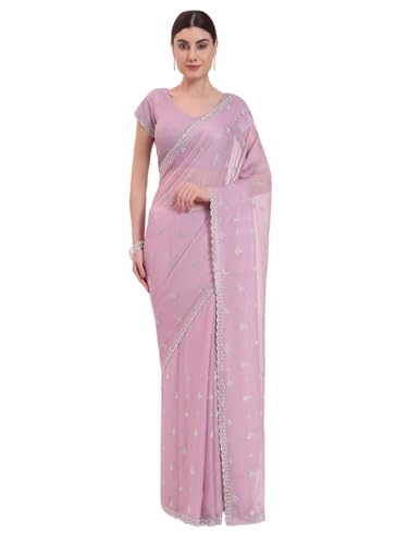 FIORRA Women's Lavender Organza Crushed Siroski Work Embellished Border Saree With Unstitched Blouse