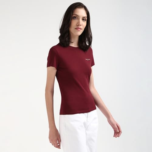 Tommy Hilfiger Wine Cotton Solid Women Slim Fit T-Shirt