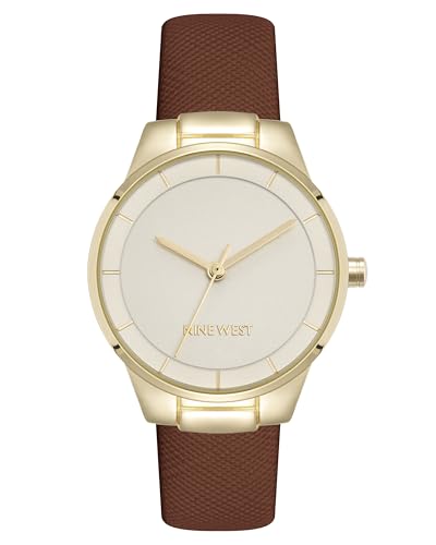Nine West Women's Analog Watch, Saffiano Faux Leather Strap, Vegan Leather Strap, Limited Movement, Scratch-Resistant, Gold-Tone Dial, NW/3080