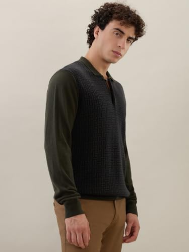 Raymond Men Contemporary Fit Structure Pattern Merino Wool Acrylic Blend Rib Collar Full Sleeve Casual Winter Wear Green