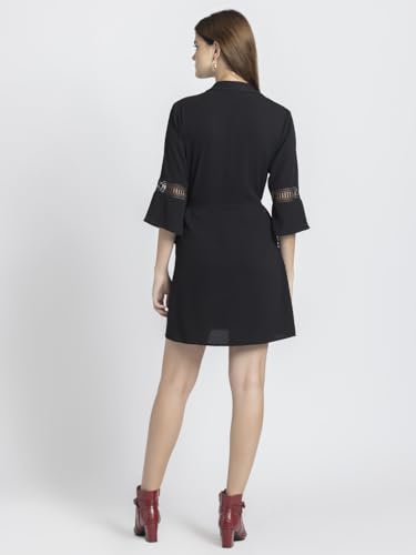 SHAYE Black Party 3/4th Sleeves Shirt Collar Solid Mini Dress for Women