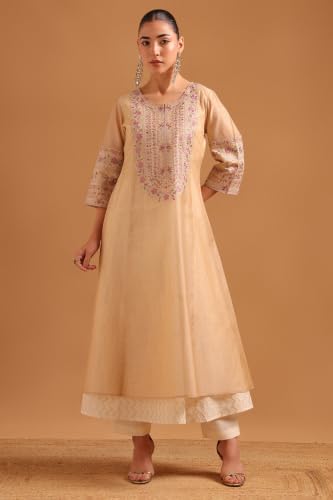Soch Womens Beige Tissue Floral Printed Embroidered Woven Beads And Stones Salwar Suit