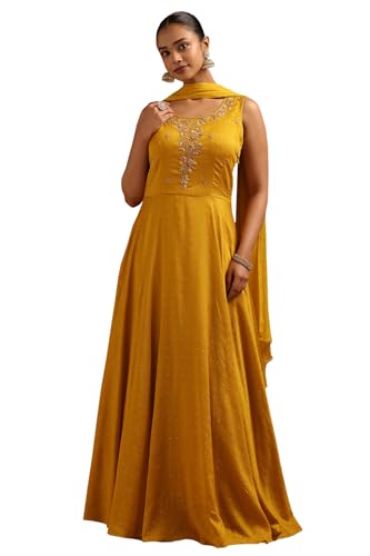Soch Womens Mustard Vichitra Floral Gown with Cutwork