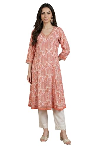 W for Woman White and Peach Paisley Printed Sequins Modal Anarkali Kurta - (W14003-127413-M)