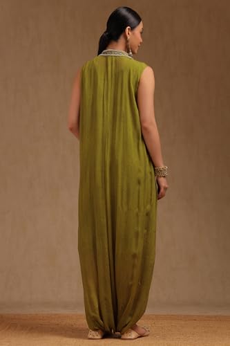 Soch Womens Light Green Chinon Botanical Print Dress with Beads and Stones