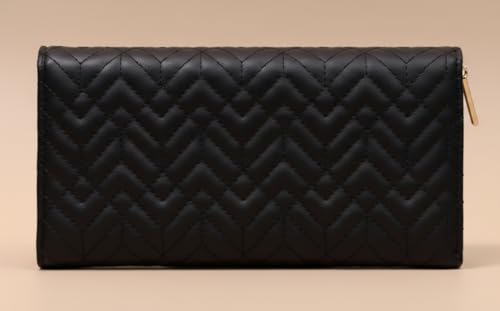 WildHorn Women’s Vegan Leather Wallet | Multiple Card Slots with ID Window | Zip Coin Pocket | Elegant Quilted Design | Spacious & Stylish Ladies Purse (Black)