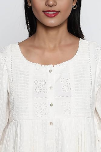 W for Woman Floral Schiffli Embroidered Fit and Flare Cotton Dress - White (W12599-221213-XS)