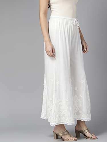 Ada Handcrafted Lucknowi Chikankari Women's Rayon White Flared Palazzo Sharara Pant A711171 (S)